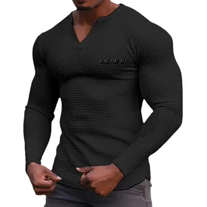 2024 Men's Waffle V-Neck T-Shirt Top Vacation Long Sleeve Casual Fashion Male