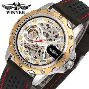 WINNER 8027 trending black men mechanism watch weird Leather band water resistant world time auto minimal hand watch