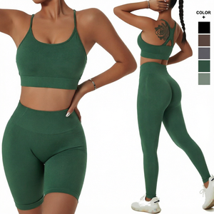 High Waist Solid Yoga Set <b>Women</b> Sports Bra and Shorts Activewear Elastic Waist Seamless Fitness Gym Outfit Plus Size 3-Piece - Product Image 1