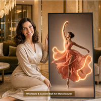 Décoration murale d'hôtel : Grande peinture murale verticale LED abstraite en toile noire brillante avec cristaux de porcelaine
