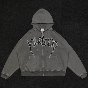 Vintage Distressed Washed Solid <b>Grey</b> <b>Zip</b> <b>Hoodie</b> Ripped Destroyed Boxy Oversized Hooded Jacket Blank Streetwear Eco-Friendly - Product Image 3