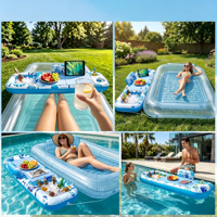 Piscine gonflable portable et lit flottant avec seau à glace intégré, transat de bain de soleil en PVC pour fête au bord du lac/à la plage