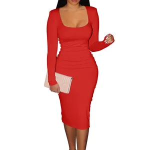 New high quality good elastic square collar long sleeve sexy bodycon ruched midi night club dresses