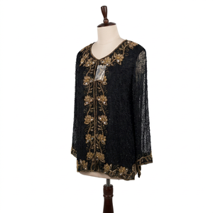 Veste ouverte à fleurs noires et dorées avec perles - Product Image 1
