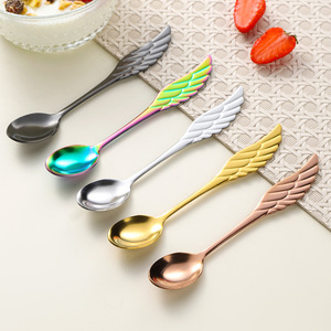 ช้อนชาแบบสร้างสรรค์ ช้อนสแตนเลสลายขนนก ช้อนกาแฟสำหรับไอศกรีม ชุดช้อนขนมหวานหลากสี ชุดตกแต่งครัว - Product Image 2