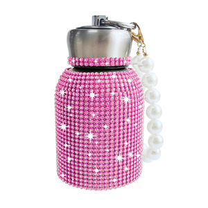 Bling Diamond Covered Chubby Mini Stainless Steel Thermal <b>Bottle</b> 300ml Portable Rhinestone <b>Flask</b> With Pearl Or Metal Chain - Product Image 4