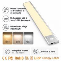 Lampe de Nuit LED Sans Fil Magnétique Rechargeable à Détecteur de Mouvement pour Couloir, Armoire, Cuisine, Chambre, Placard, Escalier en Aluminium – Design Moderne