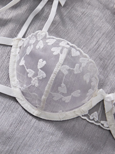 White Heart Embroidery Lace Lingerie <b>Set</b> <b>Sexy</b> Sheer Mesh Womens Intimates Underwire Bra and Tie Side Thong Panties <b>Set</b> 2 Piece - Product Image 6