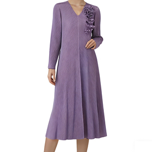 Stile coreano elegante <span class=keywords><strong>plissettato</strong></span> Maxi <span class=keywords><strong>abito</strong></span> da donna a tinta unita lunghezza Midi aderente da ufficio Casual per feste taglie forti cintura Chiffon - Product Image 3