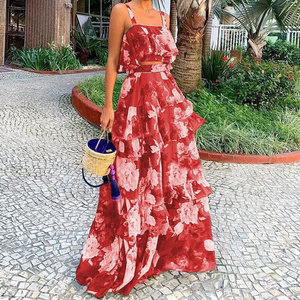 Hot Sale Women's Summer Two Piece Set Printed Sleeveless Top High Waist Ruffled Midi <b>Skirt</b> MOQ 1 Wholesale Women's Printed Sets - Product Image 6