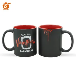 11oz personnalisé cadeau motif tasse en céramique Halloween noir café tasse avec rouge couleur à l'intérieur