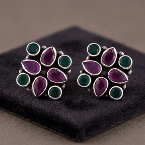 925 Sterling Silver Multicolor Gemstone <b>Cluster</b> Stud Earrings with Purple and Green Stones Fine Jewellery for Women and Girls - Product Image 5