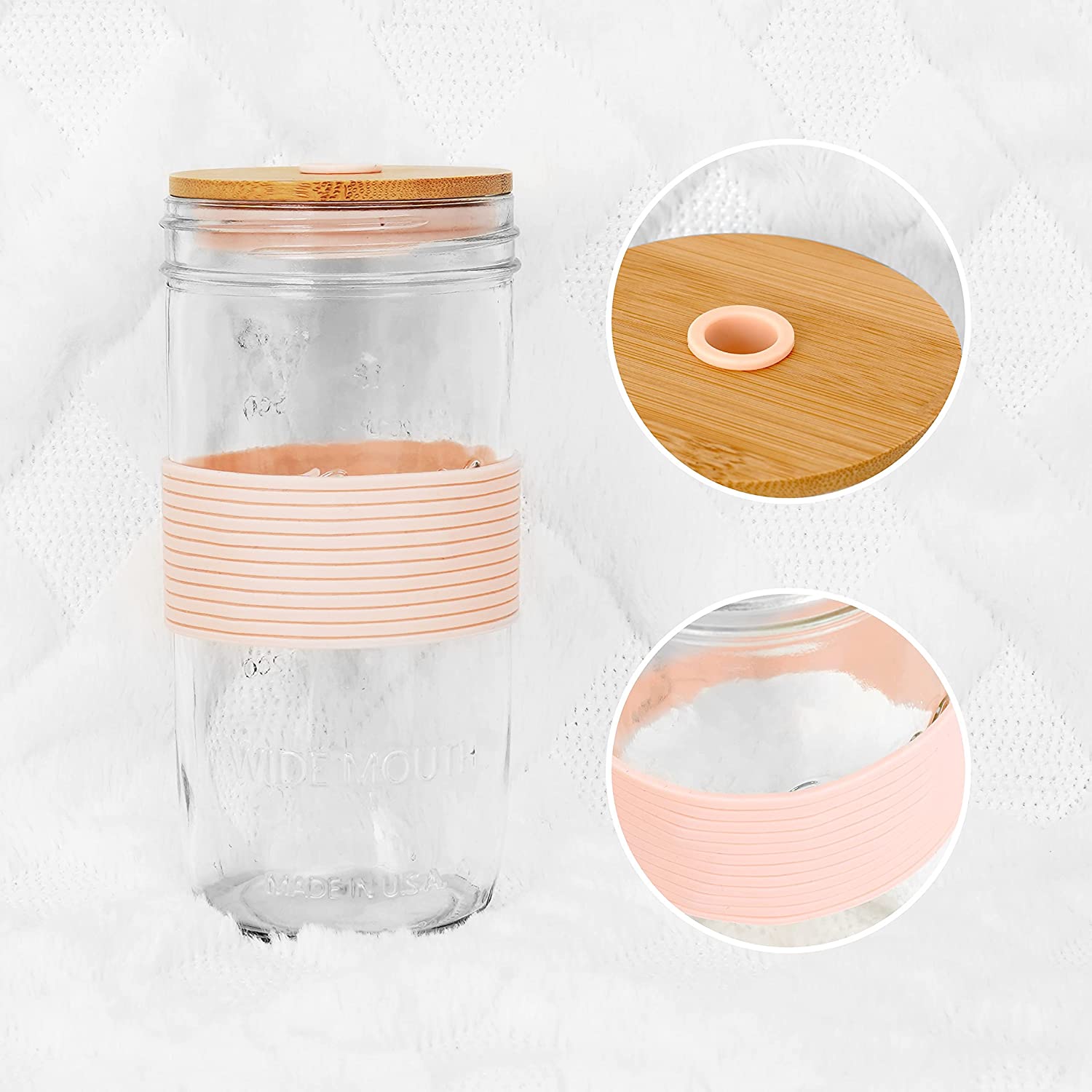 Mason Jar with Lid and Straw, 24oz Wide Mouth Mason Jar Drinking Glasses Tumbler with Bamboo Lid and Silicone Sleeve