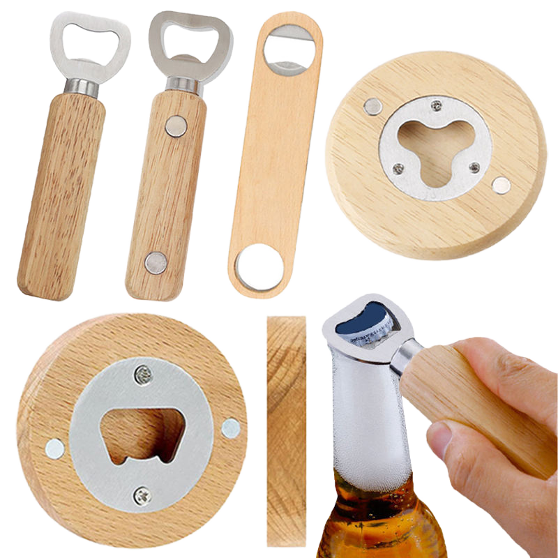 Oem Logo Portable Stainless Steel Flat Manual Beer Bottle Opener With Adsorbable Wooden Handle Customizable Home Bar Use Openers