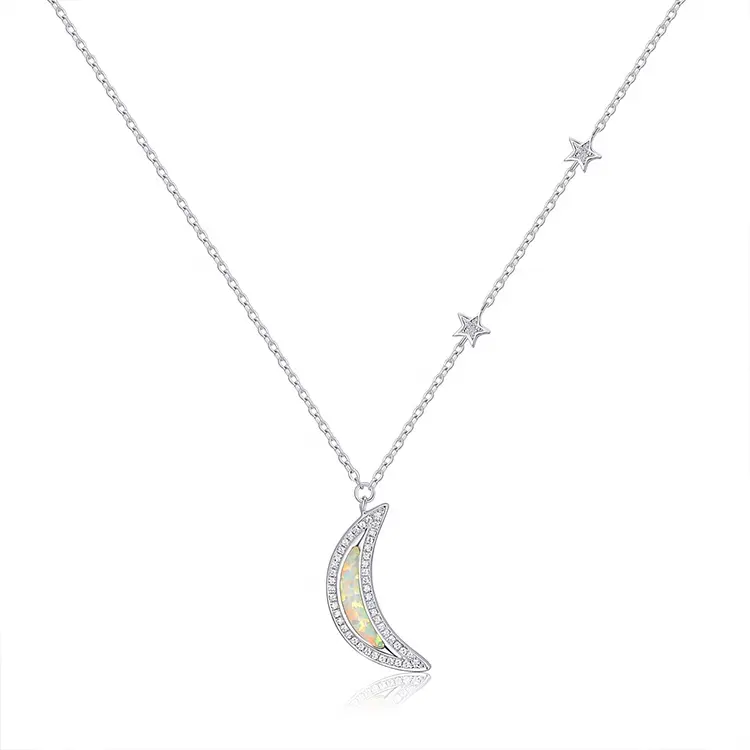 Trendy white opal moon & star choker necklace 925 silver lab diamond jewelry