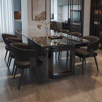 Juego de Comedor Rectangular Grande de Mármol Negro con Vetas Doradas y Estructura de Metal Negro