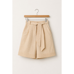 Beige Bermuda <b>Shorts</b> with Belt | High Waist Casual <b>Shorts</b> | Comfortable Summer Wear | Stylish Knee Length <b>Shorts</b> For Womens - Product Image 1