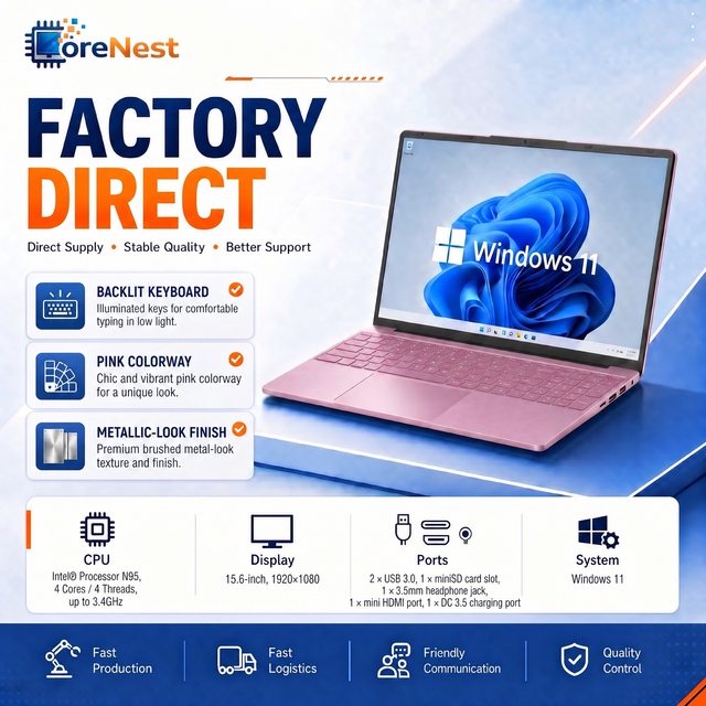 CoreNest 15.6 Inch Ultra Slim Pink Work Laptop Intel Celeron N95 Fingerprint Backlit Keyboard 4 Cores Office Laptop Computer