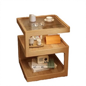 Wholesale Modern Z-Shape Solid Wood <b>Side</b> <b>Table</b> with Fluted Glass <b>Top</b> | 3-Tier Sofa End <b>Table</b> Indian Supplier - Product Image 2
