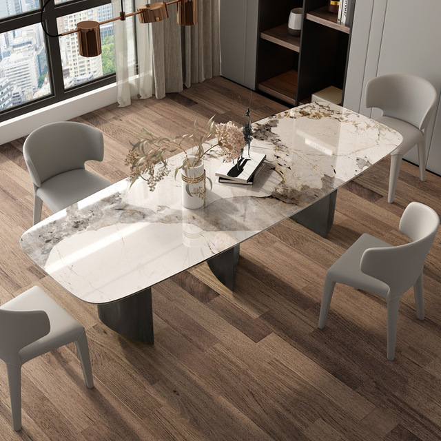 Luxury European Rectangular 2.4m 10-Seater Dining Table Set 6 Chairs Rock Stone Marble Stainless Steel Coffee Table for Dinning