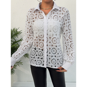 Bestseller 2024 Frühling Sommer Damen Spitzen-V-Ausschnitt-Blusen Ausgehöhlte Langarm-Damenbluse - Product Image 3