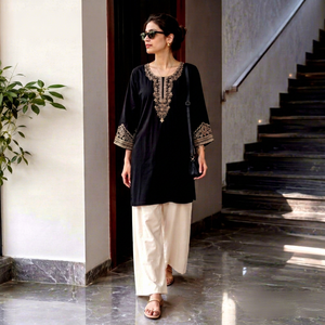 NOIIR PIGEON Kurti court brodé en rayonne épaisse pour femme, avec pantalon palazzo en coton extensible, séchage rapide, infroissable, toutes saisons, décontracté - Product Image 1