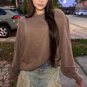 Camiseta de Manga Larga Oversize con Cuello Redondo FOXA para Mujer, Ajuste Holgado, Estilo Vintage, Lavado Ácido, Color Sólido, Talla Grande, Sudadera de Algodón - Product Image 2