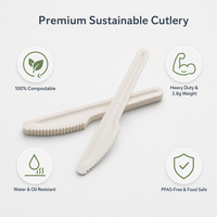 Couteau de table jetable en bagasse blanche robuste à bord dentelé, compostable, pour steak, viande et restauration