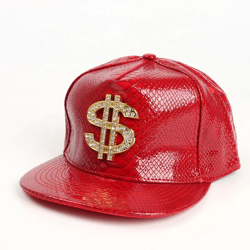 Wholesale Europe Hip Hop Adjustable Gorras Snapback Hat With Diamond Unisex PU Leather 6 Pane Flat Brimmed Rock Baseball Caps