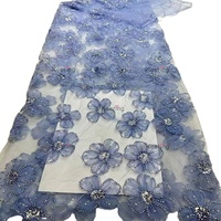 Tissu non tissé extensible en mousseline de soie avec broderie florale bleue, dentelle, strass, paillettes et perles pour robes de mariée WFB-223