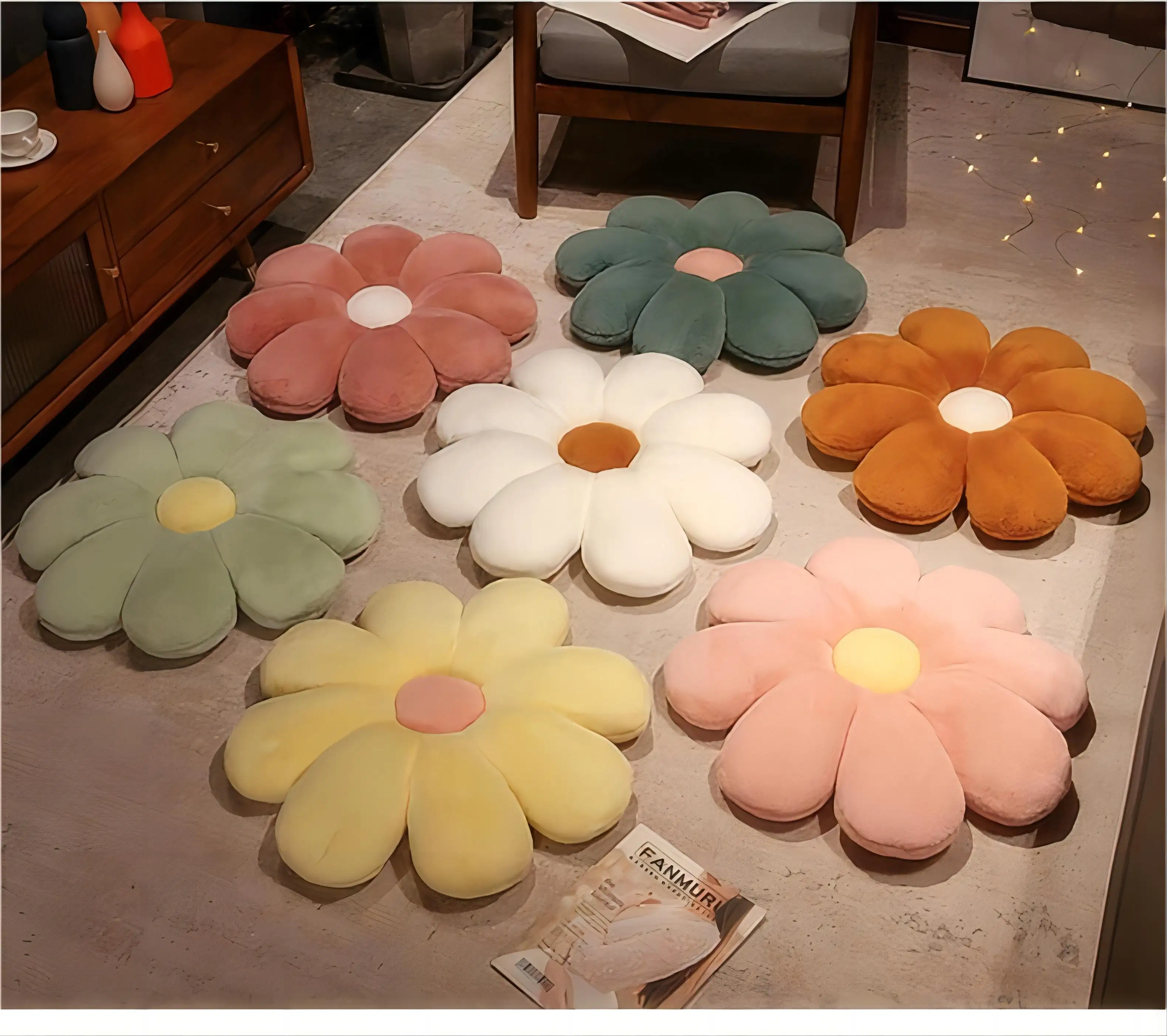 Cojín de felpa suave de flores encantadoras de 50cm al por mayor/cojín de asiento de felpa Margarita almohada de felpa/Decoración de sofá para el hogar