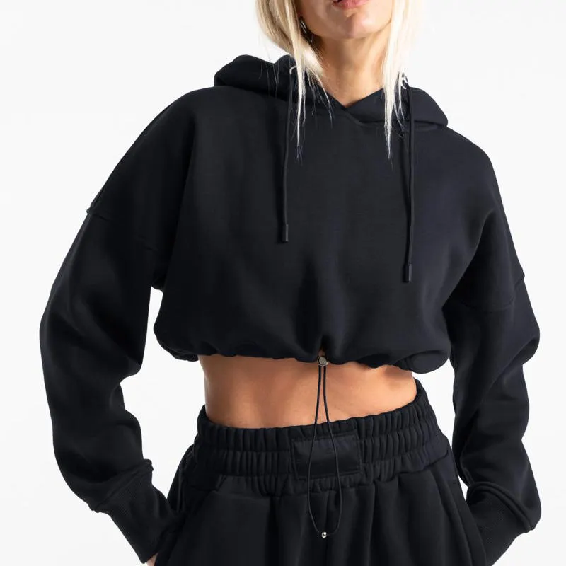Women's Drop Shoulder Crop Top Adjustable String Hem Long Sleeve Black Pullover Sweatshirt Cropped Hoodies