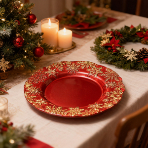Ensemble d'assiettes à dîner en verre gaufré flocon <span class=keywords><strong>de</strong></span> neige élégant pour <span class=keywords><strong>Noël</strong></span>, assiettes <span class=keywords><strong>de</strong></span> présentation rouges et dorées pour fêtes <span class=keywords><strong>de</strong></span> fin d'année, mariages, cadeaux - Product Image 1