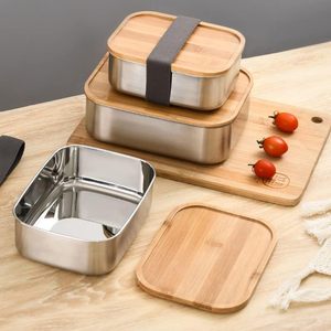 Stainless Steel <b>Lunch</b> <b>Box</b> Divided Three Sections Eco-Friendly Dishwasher Microwave Safe BPA-Free Bento <b>Box</b> Bamboo Lid Newborns - Product Image 3