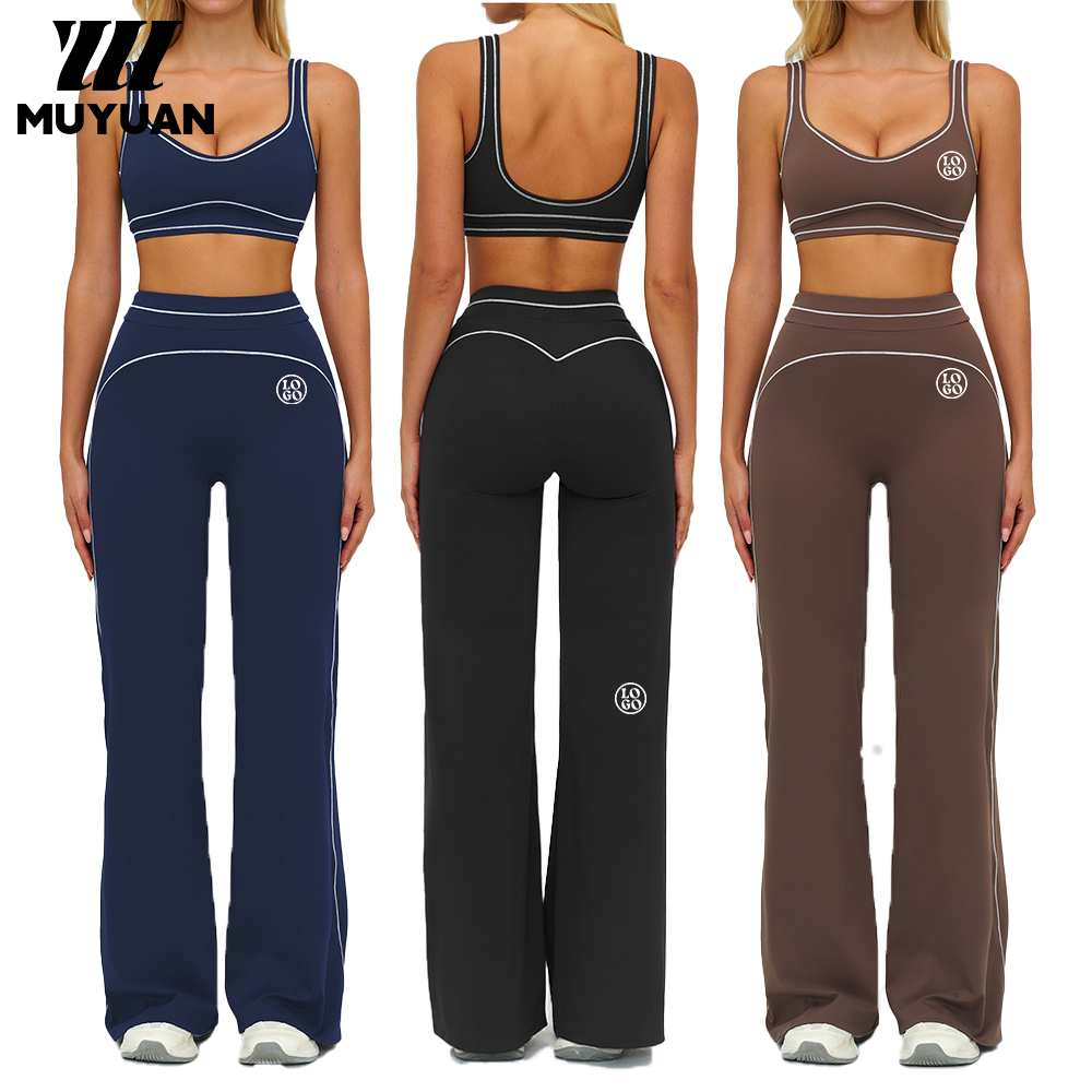 High Elastic Contrast Color Brushed Yoga Set Women's Sports Bra Wide Leg Pants Eco-Friendly Breathable Quick Dry Soft Stretch