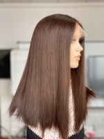 Perruque en cheveux humains casher SHY, brun foncé, avec dessus en dentelle, cheveux naturels, nœuds doux, aspect naturel, sur mesure