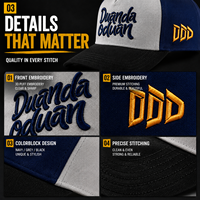 Gorra de Béisbol de 5 Paneles con Bordado 3D Personalizado, Letras Frontales, Logotipo Lateral, Color Azul Marino y Gris, Diseño Estructurado OEM