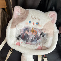 Sac à dos en peluche de coton motif chat de dessin animé avec sac à collation transparent 2D de petite capacité, style japonais JK, design mignon pour fille