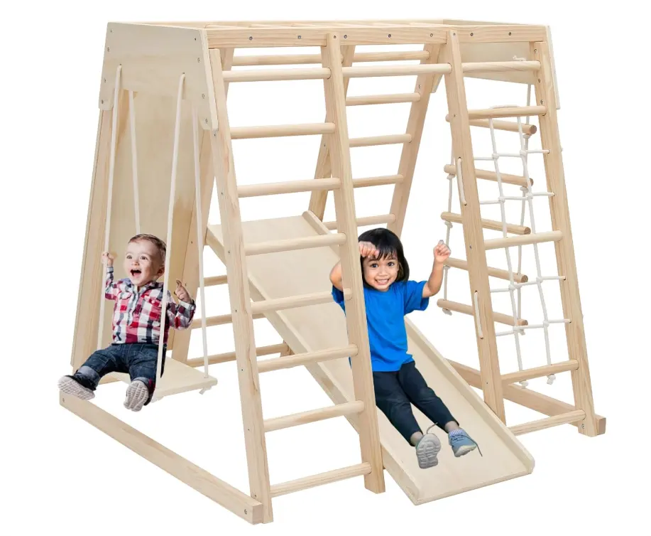 Houten Kinderen Klimframe Indoor Speelgoed Set Met Houten Glijbaan Schommel Rotsklimmen