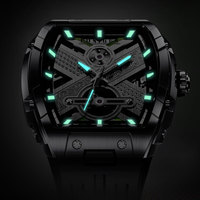 Montre mécanique PONIGER P6.15 Tonneau, mouvement automatique, aiguilles lumineuses, boîtier en acier, bracelet en caoutchouc