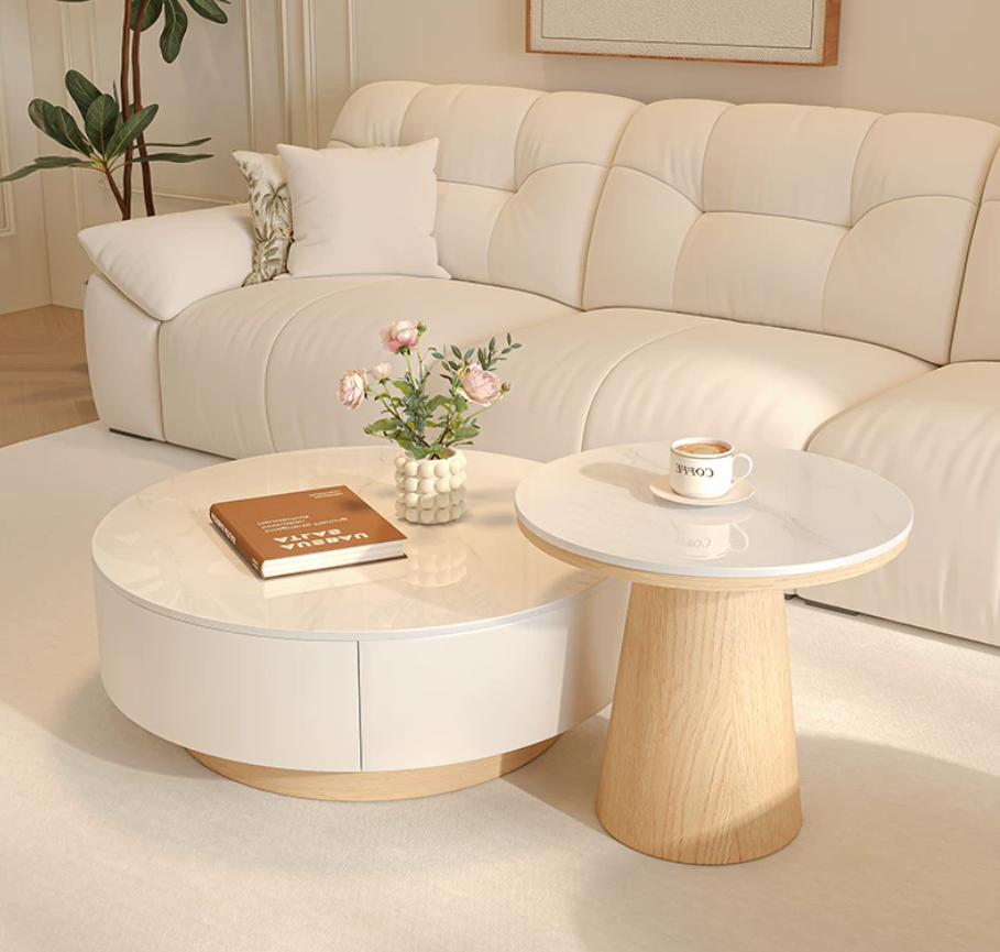 Cream Round Nested Coffee Table Set Modern Rustic Living Room Furniture ...