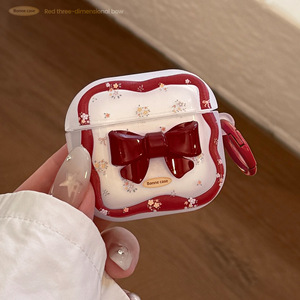 Funda para auriculares Bluetooth AirPods de 4.ª generación, diseño floral vintage con lazo rojo y correa, funda para auriculares anticaídas - Product Image 2