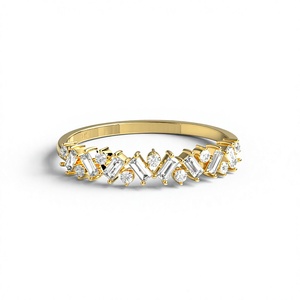 แหวนเพชรทรงกลมและทรงบาแกตต์เคลือบทอง 18K 14K หรูหรา สำหรับผู้หญิง ดีไซน์แบบซ้อนกันได้ครึ่งวง - Product Image 1