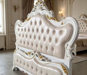 Premium Queen Size White Gold <b>Bed</b> With Cream PU Diamond Tufted Rose Floral Carved Nailhead Headboard For European Rococo Bedroom - Product Image 4