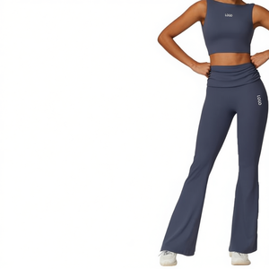 Women's Yoga <b>Leggings</b> Set Solid Color Elastic Waist Flared Pants Breathable Quick Dry Spandex <b>Nylon</b> Two Piece Fitness Workout We - Product Image 1