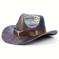 Chapeau de cowboy en cuir Longhorn argenté à imprimé serpent irisé, style gothique punk, pour adultes, vente en gros