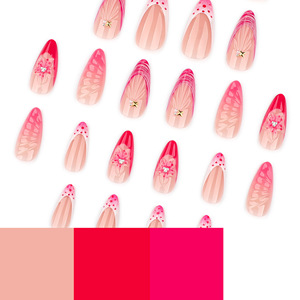 Faux ongles à presser 3D floraux de style français, courts, en forme d'amande, scintillants et pré-dessinés, prêts à poser - Product Image 4