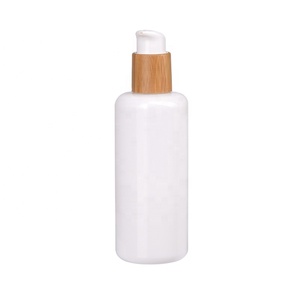 Flaconi in <span class=keywords><strong>Vetro</strong></span> Opale Bianco da 200ml, Vuoti per Cosmetici e Lozioni, con Pompa in Legno di Bambù On-off per Lozione Corpo - Product Image 1