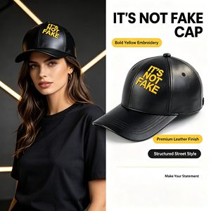 Casquette Hip Hop tendance jaune avec broderie 3D 'IT'S NOT FAKE', casquette de baseball en similicuir noir pour tous les jours et les soirées - Product Image 1
