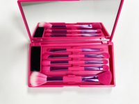 Ensemble de pinceaux de maquillage roses à double extrémité, 5 applicateurs cosmétiques avec miroir, étui compact et portable
